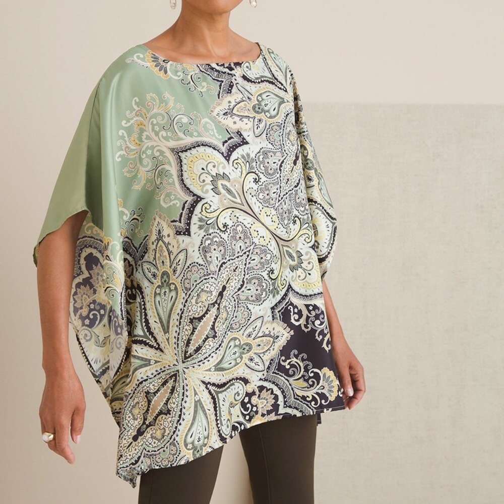 Chico’s Medallion Print Poncho Top Green Black Loose Fit Size S/M